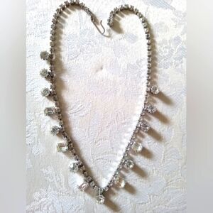 Rhinestone Choker Necklace Vintage Prong‎ Set Silver Tone Bridal Runway Pageant